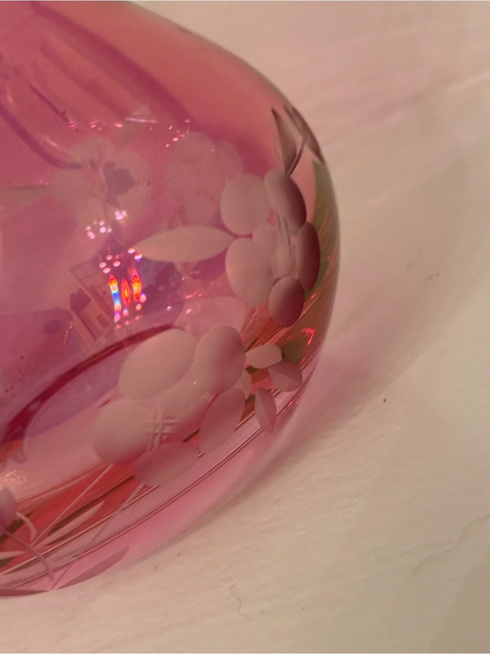 Vintage Iridescent, Cranberry Glass Vase with Hand, Etched Floral Design.